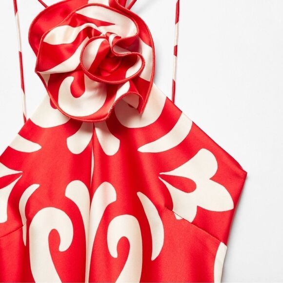 Blogger favorite red satin halter dress with floral applique (brand Mango) - Picture 9 of 15